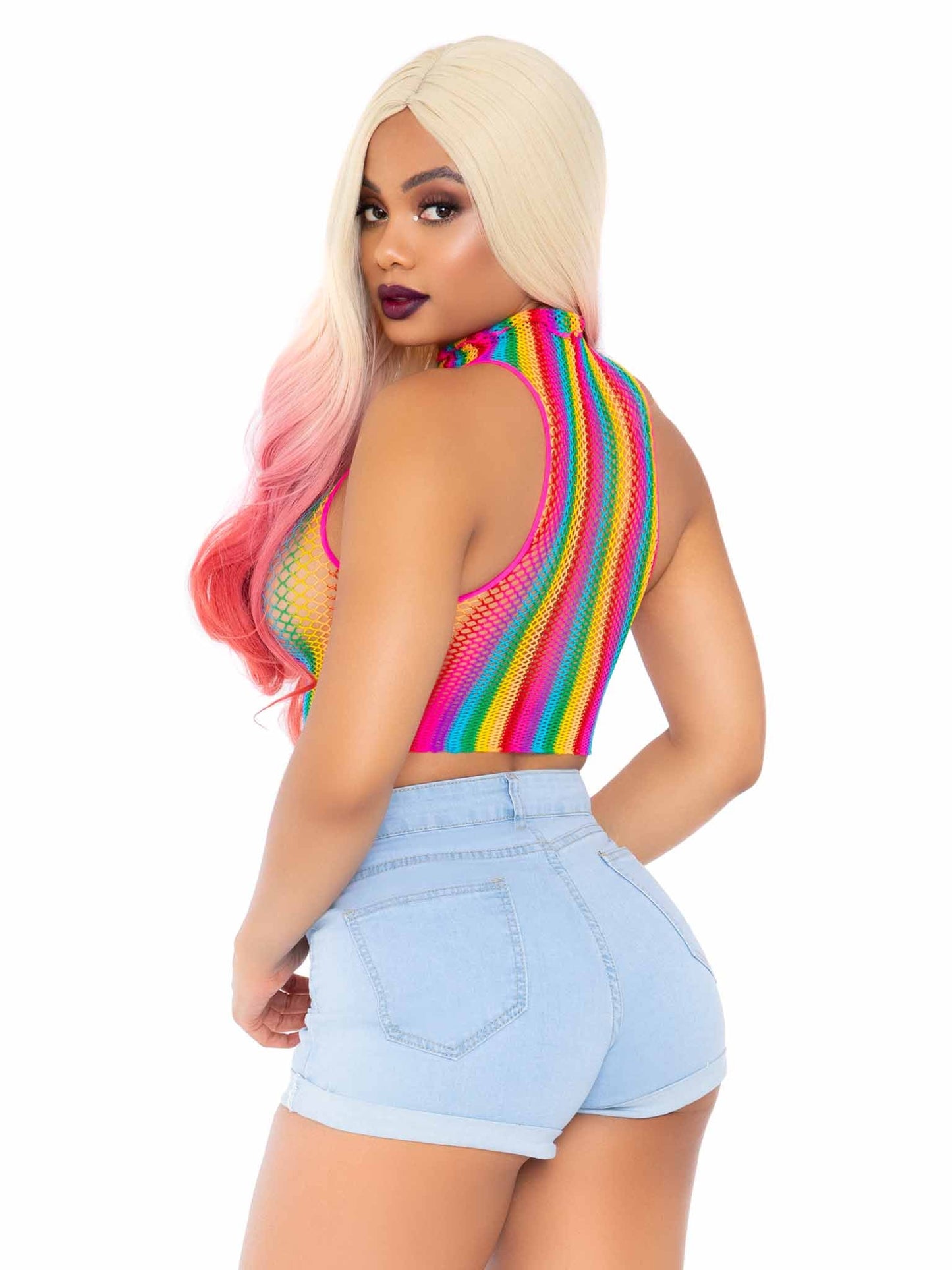 High Voltage Rainbow Fishnet Crop Top
