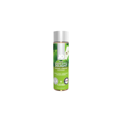 Bottle of 'Green Apple Delight' lubricant on a white background